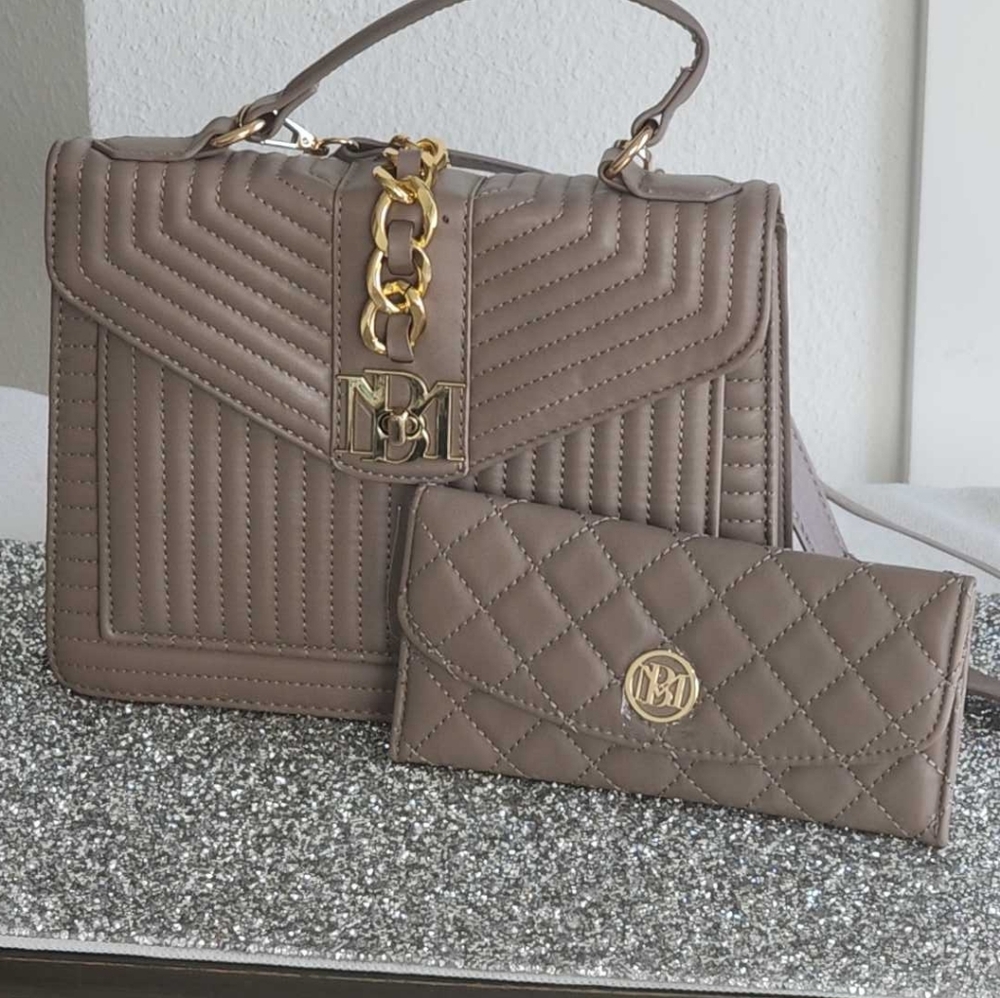 Badgley Mischka SET taupe bag and wallet, vegan leather